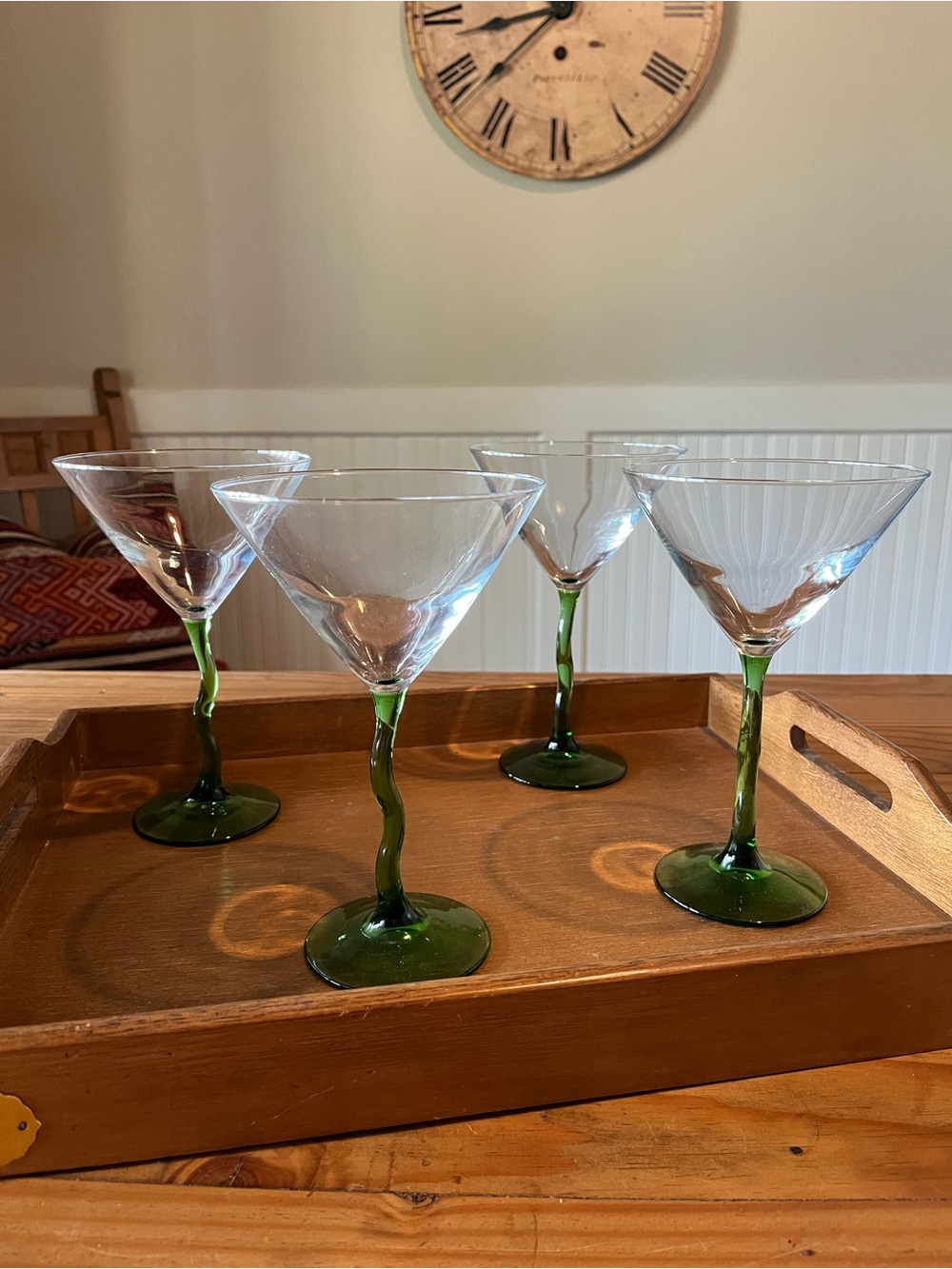 Vintage Libbey Courbe Green Wavy Stem Martini Glasses Set of 4